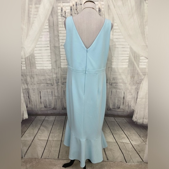 Xscape Size 14W Plus Aqua Blue Ruffled Midi Sleeveless Sheath Dress V Neck NWT - Picture 8 of 13